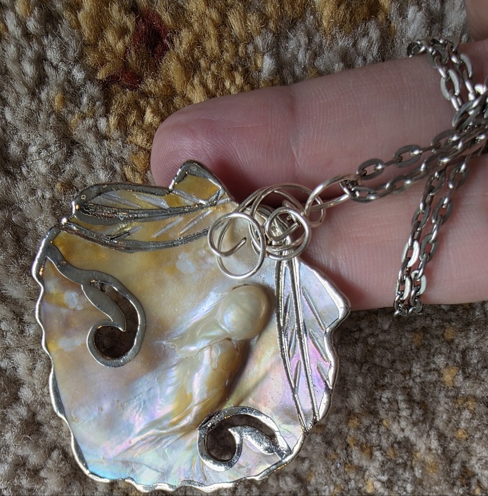 Reclaimed Vintage Iridescent Shell Pendant with Silver Accents